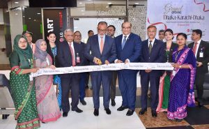 Adviser for Civil Aviation and Tourism of Bangladesh, Mr. Sk. Bashir Uddin and High Commissioner of Pakistan to Bangladesh, Mr. Imran Haider inaugurating the direct flight service from Dhaka to Karachi at Dhaka Airport.