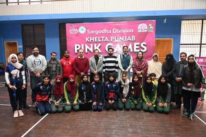 Students participate in table tennis trials during the “Khelta Punjab Pink Games Trials” held at the sports gymnasium.