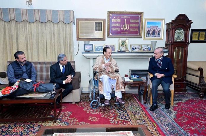 Prime Minister Muhammad Shehbaz Sharif meets with the leader of PML N and senior politician Raja Zafar ul Haq at his residence