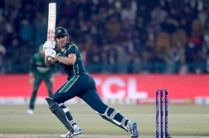 Australian batter xavier Bartlett playing shot during the first Twenty20 International Cricket match between Pakistan and Australia at the Gaddafi Cricket Stadium.