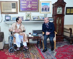 Prime Minister Muhammad Shehbaz Sharif meets with the leader of PML N and senior politician Raja Zafar ul Haq at his residence