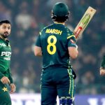 Pakistan’s bowler Abrar Ahmed celebrated after taking the wicket of the Australian player Mitchell Marsh during the second Twenty20 international cricket match between Pakistan and Australia at the Gaddafi Stadium