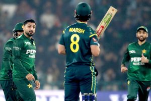 Pakistan’s bowler Abrar Ahmed celebrated after taking the wicket of the Australian player Mitchell Marsh during the second Twenty20 international cricket match between Pakistan and Australia at the Gaddafi Stadium