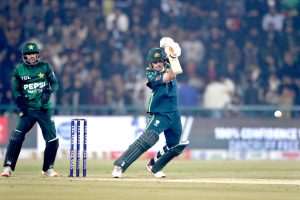 Pakistan’s bowler Abrar Ahmed celebrated after taking the wicket of the Australian player Mitchell Marsh during the second Twenty20 international cricket match between Pakistan and Australia at the Gaddafi Stadium