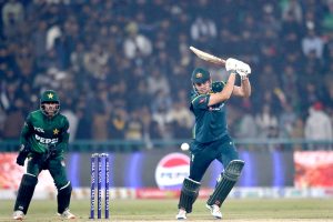 Pakistan’s bowler Abrar Ahmed celebrated after taking the wicket of the Australian player Mitchell Marsh during the second Twenty20 international cricket match between Pakistan and Australia at the Gaddafi Stadium