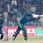 Australia's Sean Abbott bowled out by Shadab Khan during the second Twenty20 international cricket match between Pakistan and Australia at the Gaddafi Cricket Stadium