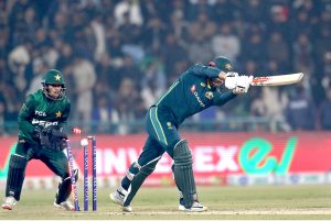Australia's Sean Abbott bowled out by Shadab Khan during the second Twenty20 international cricket match between Pakistan and Australia at the Gaddafi Cricket Stadium
