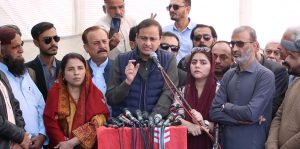 Karachi Bar Association Chairman Murtaza Wahab is addressing the groundbreaking ceremony of the Jahangir Road to Teen Hatti Road project