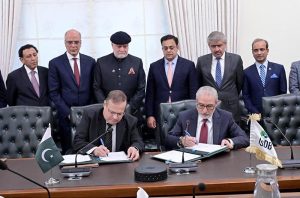 Minister for Economic Affairs, Mr Ahad Khan Cheema, and Federal Minister for Poverty Alleviation and Social Safety, Syed Imran Ahmad Shah witnessing the signing of loan agreements worth $603 million between the Islamic Development Bank and the Government of Pakistan.