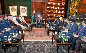 President Asif Ali Zardari in a meeting with Lieutenant General Shaikh Rashid bin Abdullah Al Khalifa, Minister for Interior of Bahrain