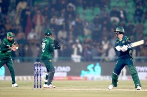 Australia's Sean Abbott bowled out by Shadab Khan during the second Twenty20 international cricket match between Pakistan and Australia at the Gaddafi Cricket Stadium
