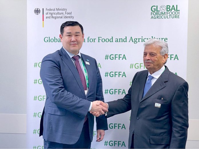 Federal Minister for National Food Security & Research Rana Tanveer Hussain meets Vice Minister for Agriculture of Kazakhstan Azat Sultanov on the sidelines of the Global Forum for Food and Agriculture (GFFA) 2026 in Berlin to discuss strengthening bilateral cooperation in agriculture and food security