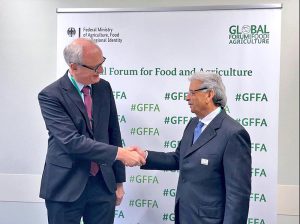 Federal Minister for National Food Security & Research Rana Tanveer Hussain in a meeting with Stefan Schmitz, Executive Director of Crop Trust, during GFFA 2026 in Berlin, focusing on cooperation in crop diversity, climate-resilient agriculture, and research collaboration