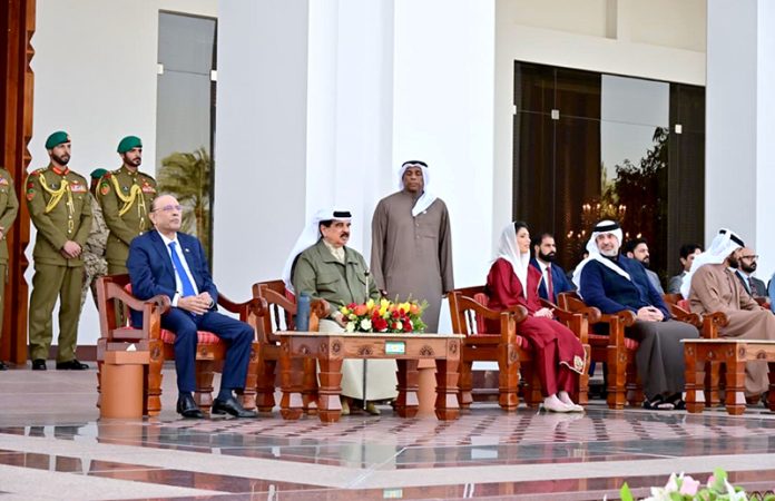 President Asif Ali Zardari and First Lady Bibi Aseefa Bhutto Zardari being shown the world-renowned Arabian horse collection by His Majesty King Hamad bin Isa Al Khalifa at the Royal Stud