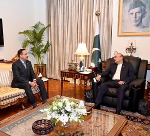 President Asif Ali Zardari in a meeting with Maj. Gen. (Retd) Khurram Sarfaraz Khan, Ambassador-designate of Pakistan to Jordan, at Aiwan-e-Sadr