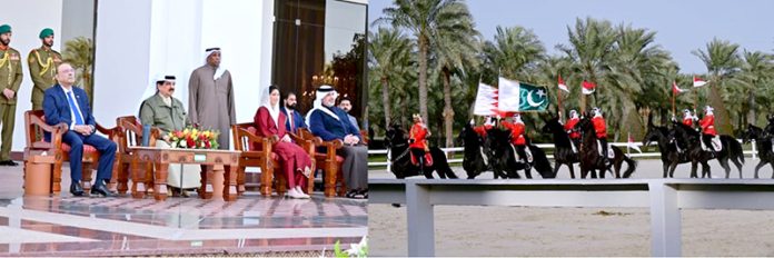 President Asif Ali Zardari and First Lady Bibi Aseefa Bhutto Zardari being shown the world-renowned Arabian horse collection by His Majesty King Hamad bin Isa Al Khalifa at the Royal Stud