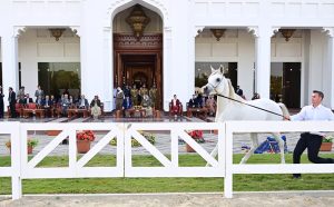President Asif Ali Zardari and First Lady Bibi Aseefa Bhutto Zardari being shown the world-renowned Arabian horse collection by His Majesty King Hamad bin Isa Al Khalifa at the Royal Stud