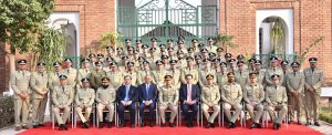Field Marshal Syed Asim Munir, NI (M), HJ, COAS & CDF in a group photo along with Federal Minister for Interior, Mohsin Raza Naqvi and Minister of State for Interior Talal Chaudhry with the officers of the Police Service of Pakistan during his visit to the National Police Academy, Islamabad.