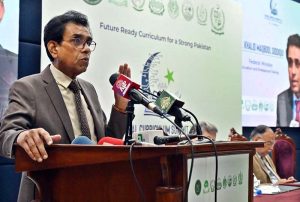 Federal Minister for Education and Professional Training, Dr. Khalid Maqbool Siddiqui addressing during 2-day "National Curriculum Summit 2026" at AIOU.