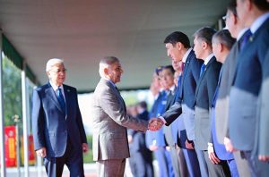 Prime Minister Muhammad Shehbaz Sharif and President of Kazakhstan Kassym-Jomart Tokayev introducing their respective delegations at the official arrival ceremony held at the Prime Minister's House.