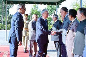 Prime Minister Muhammad Shehbaz Sharif and President of Kazakhstan Kassym-Jomart Tokayev introducing their respective delegations at the official arrival ceremony held at the Prime Minister's House.