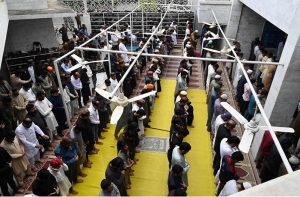 A large number of faithful offer the second Jumma-tul-Mubarak prayers during the holy month of Ramazan-ul-Mubarak at a local mosque.