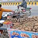 A vendor busy roasting sweet potatoes on his handcart to attract the customers