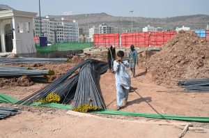 Labourers carry iron rods for the construction of a building at Park View City in the Federal Capital.