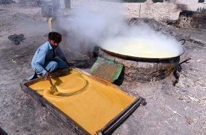 A worker extracting sugarcane juice by a machine to make Jiggery at his roadside setup