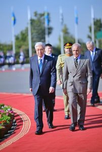 Prime Minister Muhammad Shehbaz Sharif receives President of Kazakhstan H.E Kassym-Jomart Tokayev upon his arrival at Prime Minister's House.