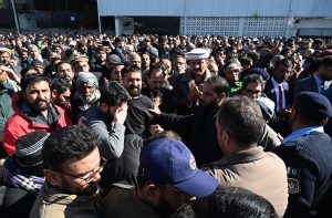A large number of people attend funeral prayers at Imambargah Al-Sadiq in Sector G-9/2 for the victims of the suicide attack on Imambargah Khadijat-ul-Kubra in Tarlai Kalan.
