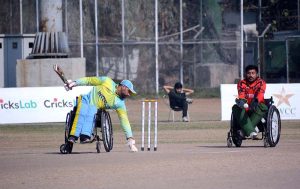 A view of the T20 cricket match between Gilgit-Baltistan and Punjab wheelchair cricket teams during the 5th Interloop Quaid-e-Azam Trophy 2026, organized under the aegis of the Pakistan Wheelchair Cricket Council (PWCC) at Bohran Wali Ground.