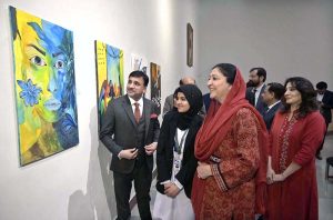 Minister of State of Federal Education and Professional Training, Wajiha Qamar cuts the ribbon to inaugurate the Art & Craft Exhibition “Silent Expressions II” as Special Guest, featuring artworks by students with special needs at the Pakistan National Council of Arts.