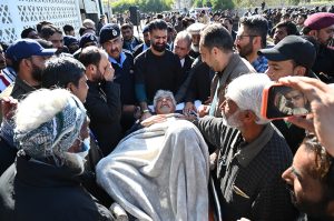 A large number of people attend funeral prayers at Imambargah Al-Sadiq in Sector G-9/2 for the victims of the suicide attack on Imambargah Khadijat-ul-Kubra in Tarlai Kalan.