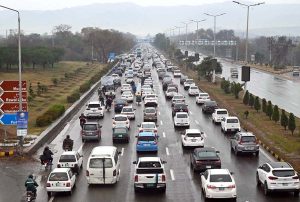 A massive traffic jam on Islamabad Expressway as heavy rain disrupts routine life in the Federal Capital.