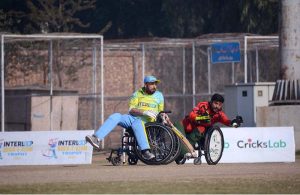A view of the T20 cricket match between Gilgit-Baltistan and Punjab wheelchair cricket teams during the 5th Interloop Quaid-e-Azam Trophy 2026, organized under the aegis of the Pakistan Wheelchair Cricket Council (PWCC) at Bohran Wali Ground.