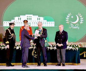 President Asif Ali Zardari confers the Nishan-e-Pakistan on President of the Republic of Kazakhstan, Kassym-Jomart Tokayev, during a Special Investiture Ceremony, in the presence of Prime Minister Muhammad Shehbaz Sharif, at Aiwan-e-Sadr