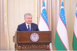 President of Uzbekistan Shavkat Mirziyoyev addresses Joint Press Stakeout held at the Prime Minister's House.