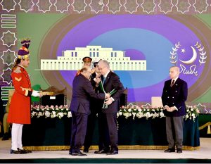 President Asif Ali Zardari confers the Nishan-e-Pakistan on President of the Republic of Kazakhstan, Kassym-Jomart Tokayev, during a Special Investiture Ceremony, in the presence of Prime Minister Muhammad Shehbaz Sharif, at Aiwan-e-Sadr
