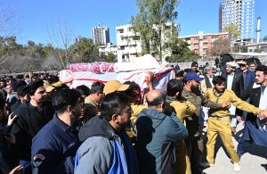 A large number of people attend funeral procession of the victims of the suicide attack on Imambargah Khadijat-ul-Kubra in Tarlai Kalan.