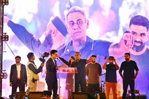 Hyderabad Kingsmen owner Fawad Sarwar announces the name and unveils the logo of the seventh PSL franchise at Niaz Stadium