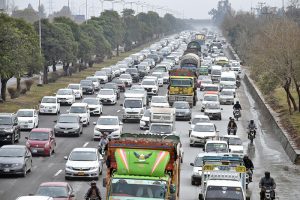 A massive traffic jam on Islamabad Expressway as heavy rain disrupts routine life in the Federal Capital.