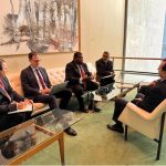 A Pakistani parliamentary delegation led by Chairman Senate Syed Yousuf Raza Gilani meets with the President of the Inter-Parliamentary Union (IPU) during the 2026 IPU Parliamentary Hearing at the United Nations Headquarters