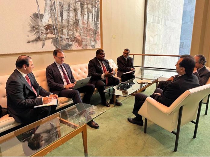 A Pakistani parliamentary delegation led by Chairman Senate Syed Yousuf Raza Gilani meets with the President of the Inter-Parliamentary Union (IPU) during the 2026 IPU Parliamentary Hearing at the United Nations Headquarters