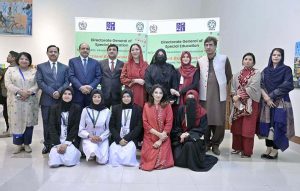 Minister of State of Federal Education and Professional Training, Wajiha Qamar cuts the ribbon to inaugurate the Art & Craft Exhibition “Silent Expressions II” as Special Guest, featuring artworks by students with special needs at the Pakistan National Council of Arts.