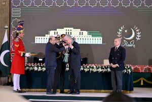 President Asif Ali Zardari confers the Nishan-e-Pakistan on President of the Republic of Kazakhstan, Kassym-Jomart Tokayev, during a Special Investiture Ceremony, in the presence of Prime Minister Muhammad Shehbaz Sharif, at Aiwan-e-Sadr