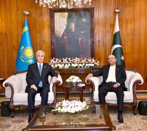 President Asif Ali Zardari holds a one-on-one meeting with President of the Republic of Kazakhstan, Kassym-Jomart Tokayev, at Aiwan-e-Sadr