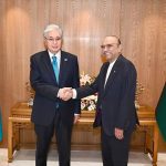 President Asif Ali Zardari shaking hands with the President of the Republic of Kazakhstan, Kassym-Jomart Tokayev, at Aiwan-e-Sadr