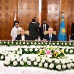 President Asif Ali Zardari and Prime Minister Muhammad Shehbaz Sharif with President of the Republic of Kazakhstan, Kassym-Jomart Tokayev, at a state banquet at Aiwan-e-Sadr