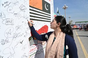 Federal Minister for Kashmir Affairs and Gilgit-Baltistan & States and Frontier Regions (SAFRON), Engr. Amir Muqam talking to media personnel during a solidarity rally from China-chowk to D-chowk on Kashmir Solidarity Day. Kashmir Solidarity Day is a national holiday observed in Pakistan on 5 February annually. It is observed to show Pakistan's support and unity with the people of Indian-Occupied Jammu and Kashmir and their efforts to secede from Indian occupation, and to pay homage to the Kashmiris who have died in the conflict.